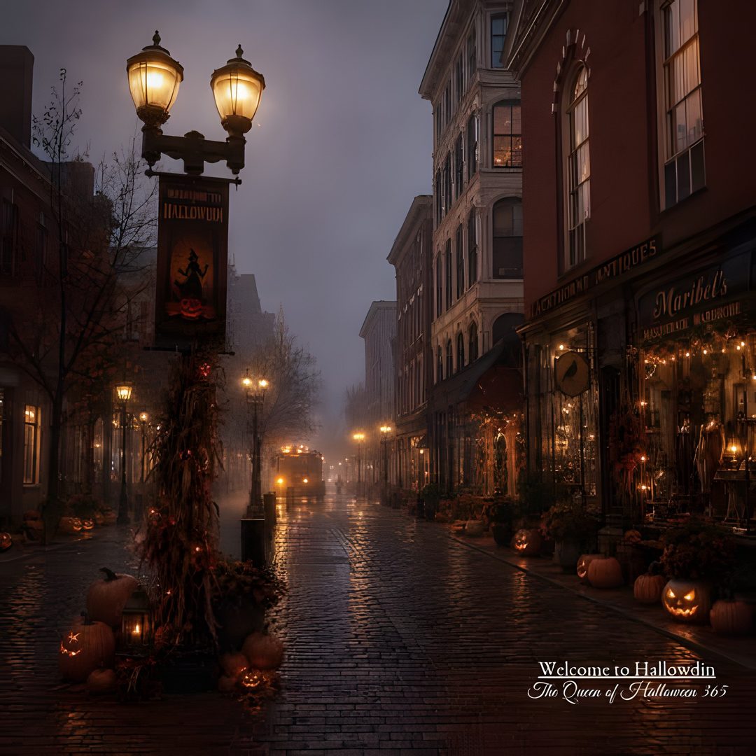 a city street at night with pumpkins on the ground and lights in the windows Halloween City black