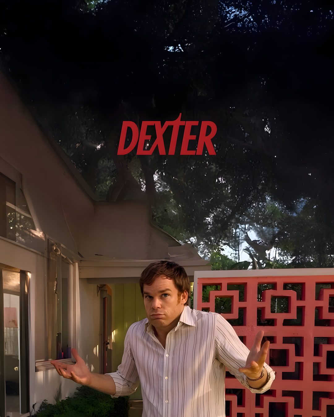 a man standing in front of a house with his hands out and the words dexter above him Dexter Halloween All Movies, Dexter, Dexter Morgan, black