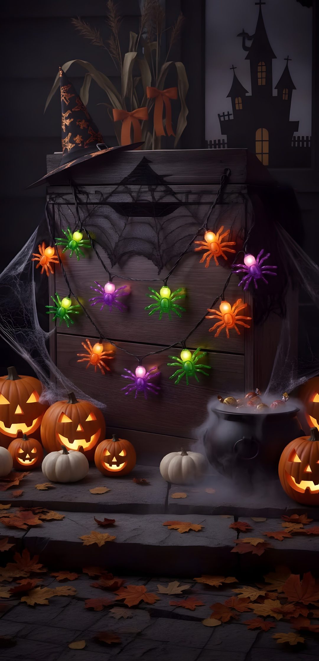 halloween pumpkins and spider web lights in front of a chest Halloween Decoration black
