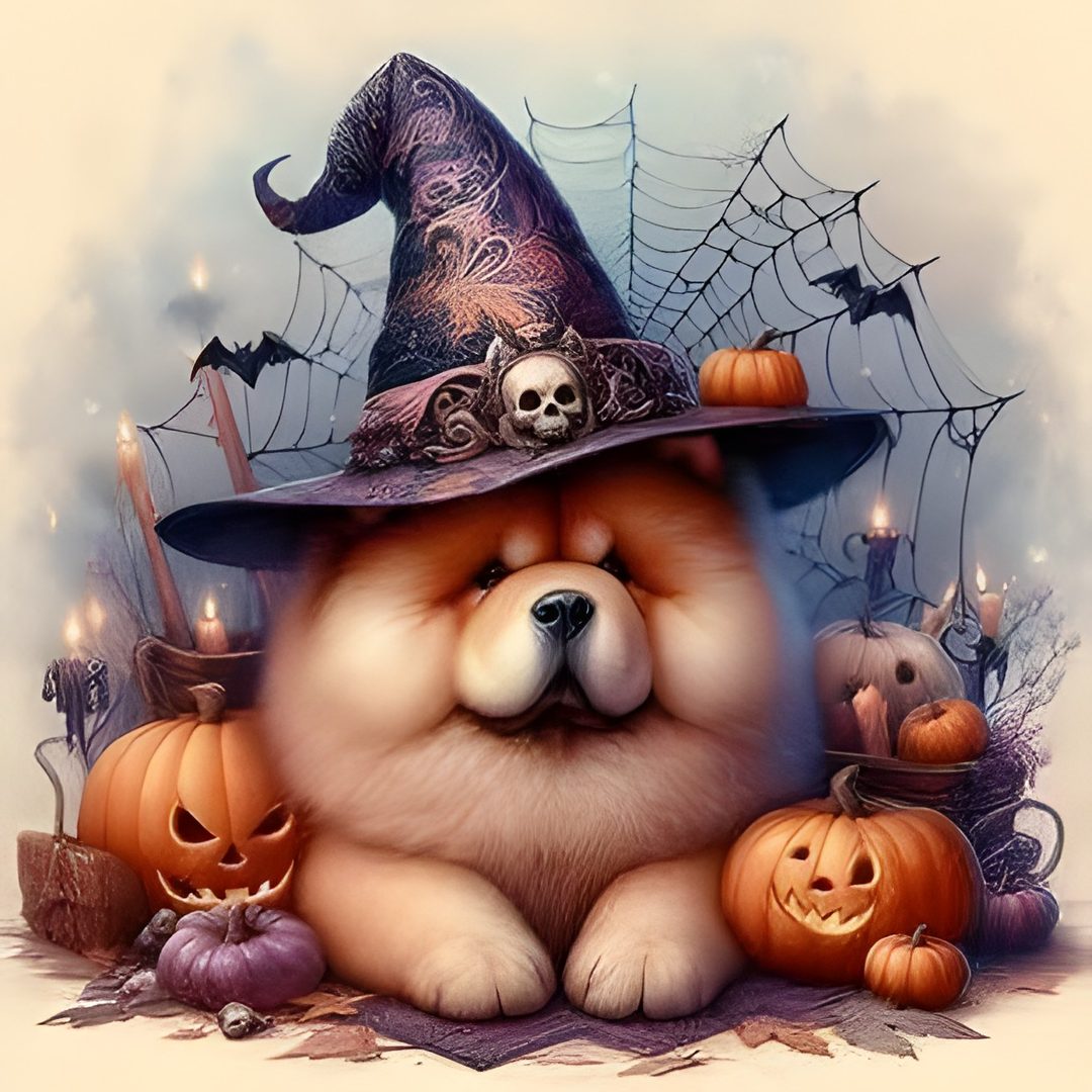 a pomeranian dog wearing a witches hat surrounded by pumpkins and jack - o'- lanterns Halloween Chow Chow Halloween Fun, Halloween, rosy brown