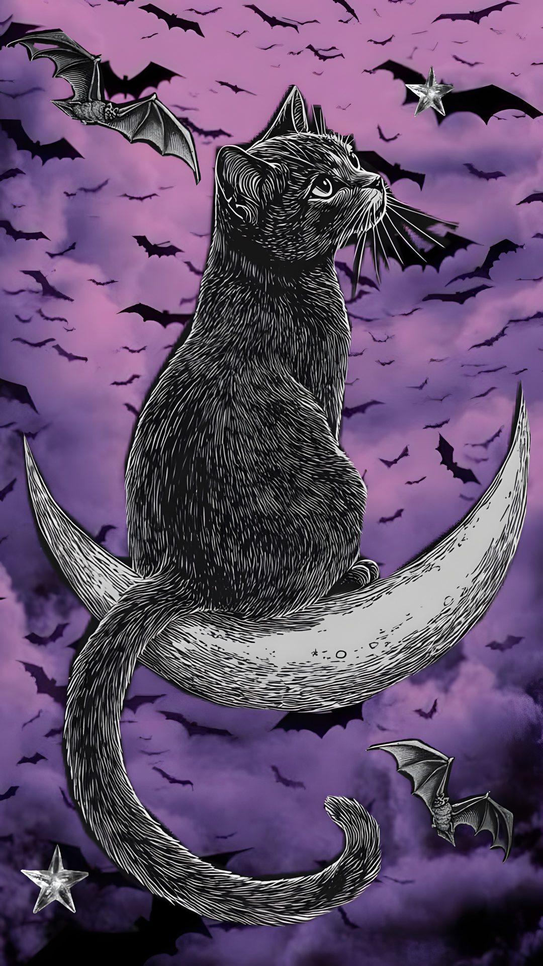 a cat sitting on the moon with bats flying around Feline Halloween - Black On Lavender Memes, dim gray