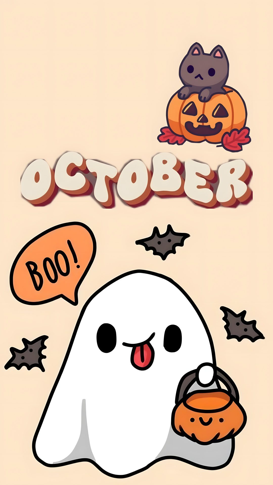 a cartoon ghost holding a pumpkin in front of an orange background with the words october above it Cute Halloween Iphone Count Down bisque