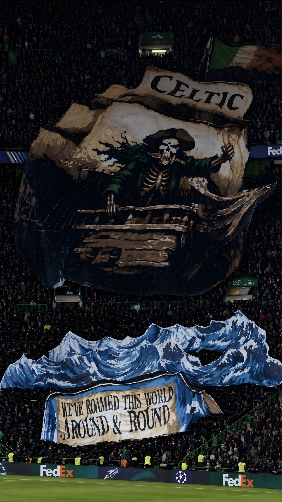 an image of a banner in the middle of a soccer field that reads celtic we've formed the world around and round Halloween Celtic black