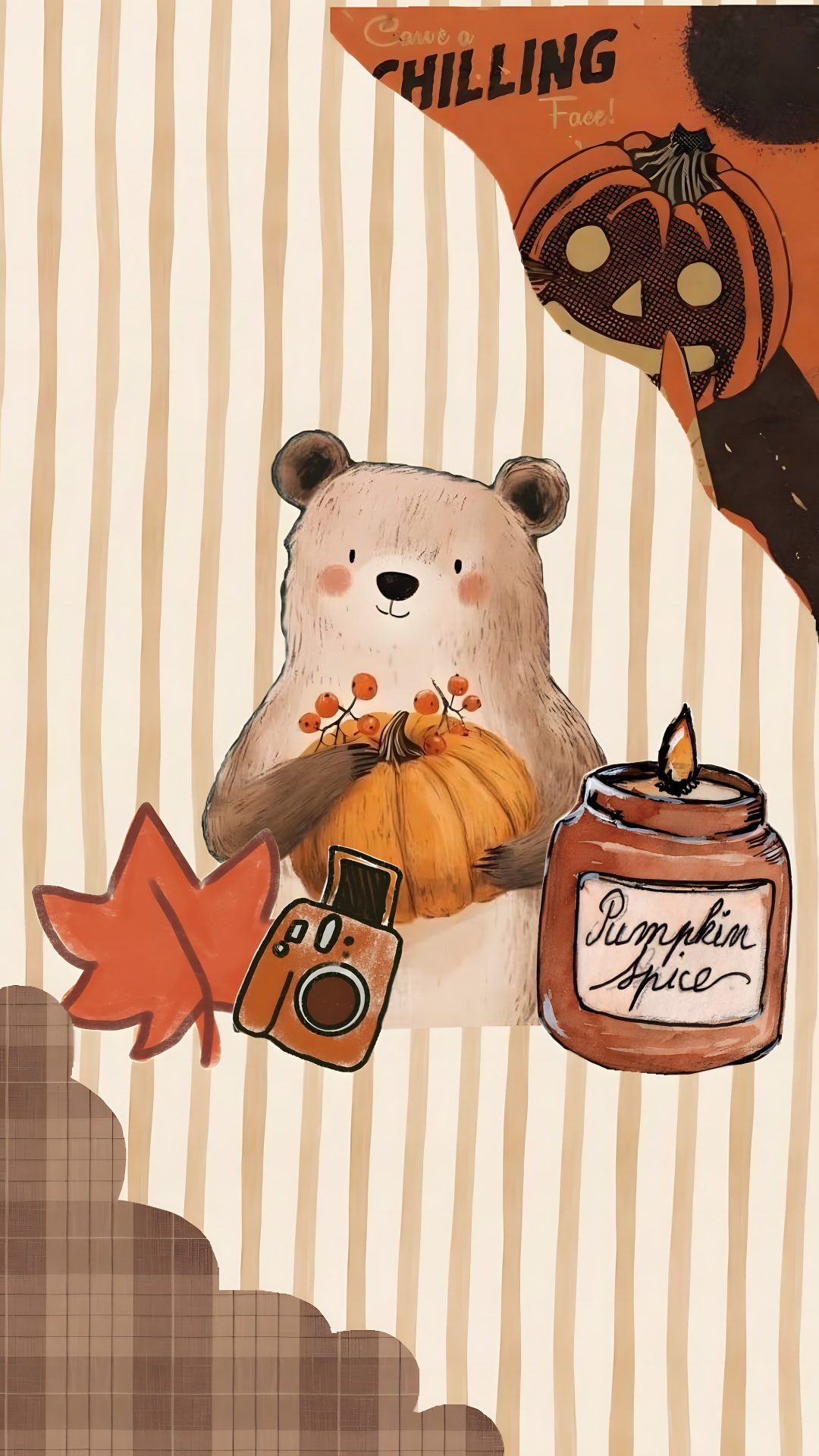 an illustration of a bear holding a pumpkin Cute Bear Halloween burlywood