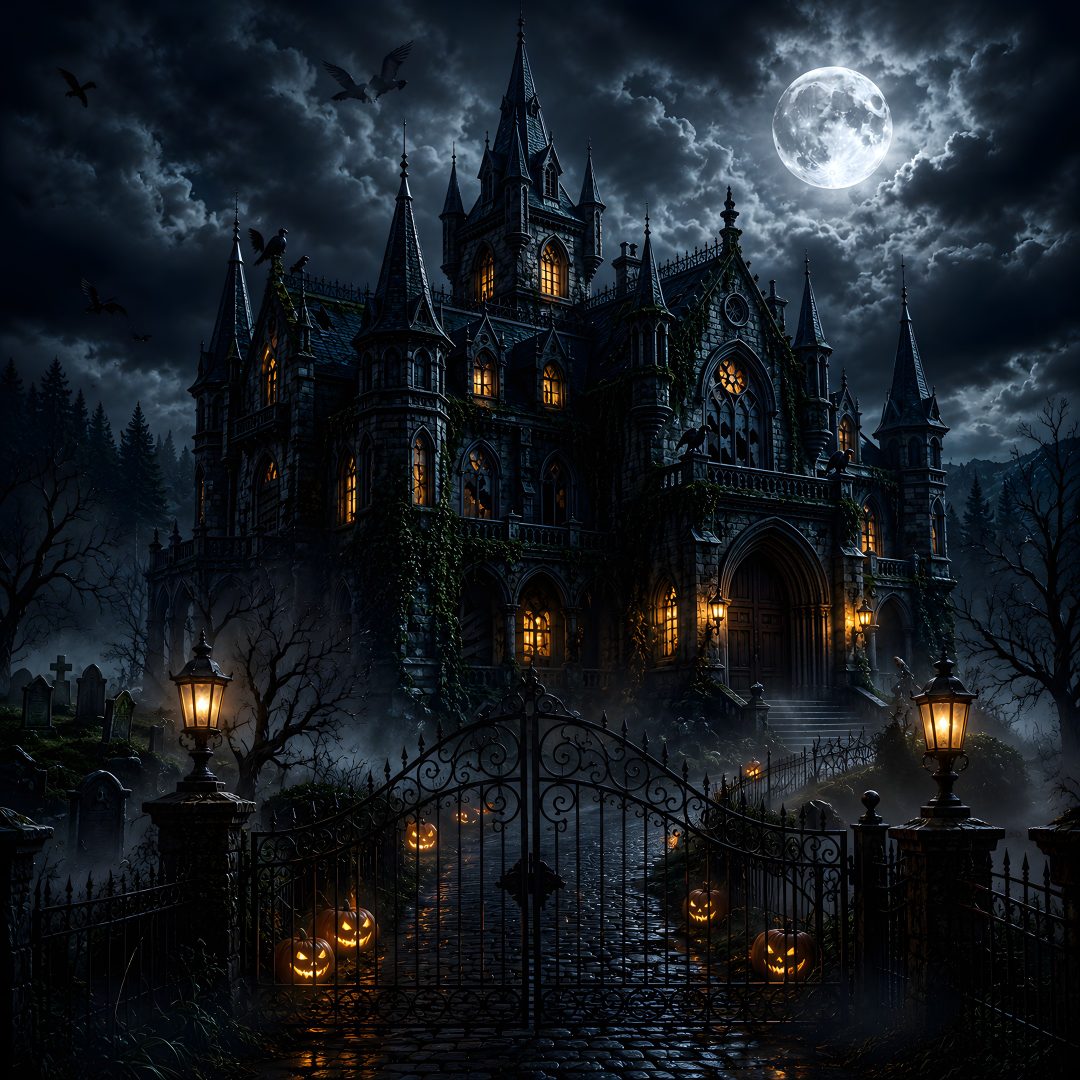 a creepy castle with pumpkins in front of it at night Halloween Mansion black