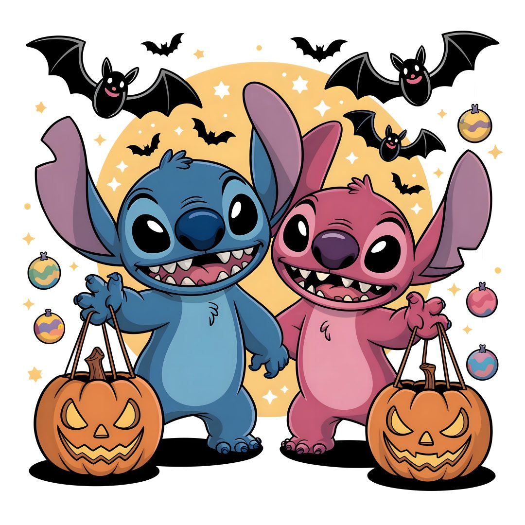 two cartoon characters with pumpkins and bats Cute Stitch And Angel Halloween burlywood