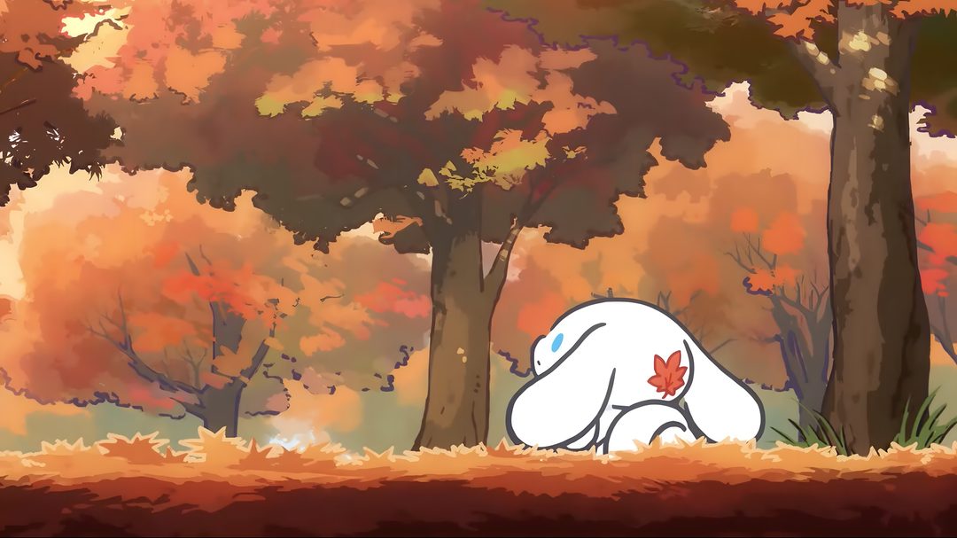 a white dog sitting in the middle of a forest with trees and leaves on it Cinnamoroll Halloween Laptop sienna