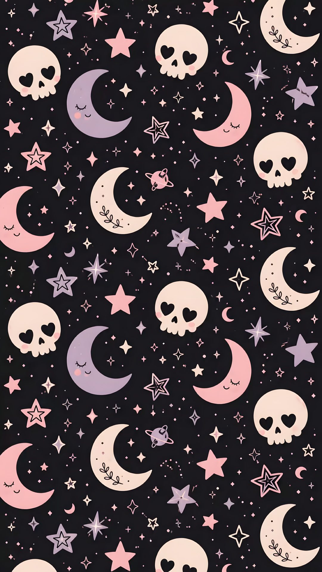 a black background with stars, moon and skulls in the sky on it's side Halloween Space black