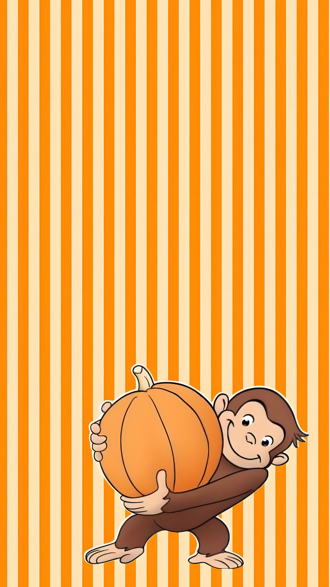 a monkey holding a pumpkin on top of it's back with stripes in the background Halloween Monkey Monkey, Preppy, Curious George, Cute, Halloween, sandy brown