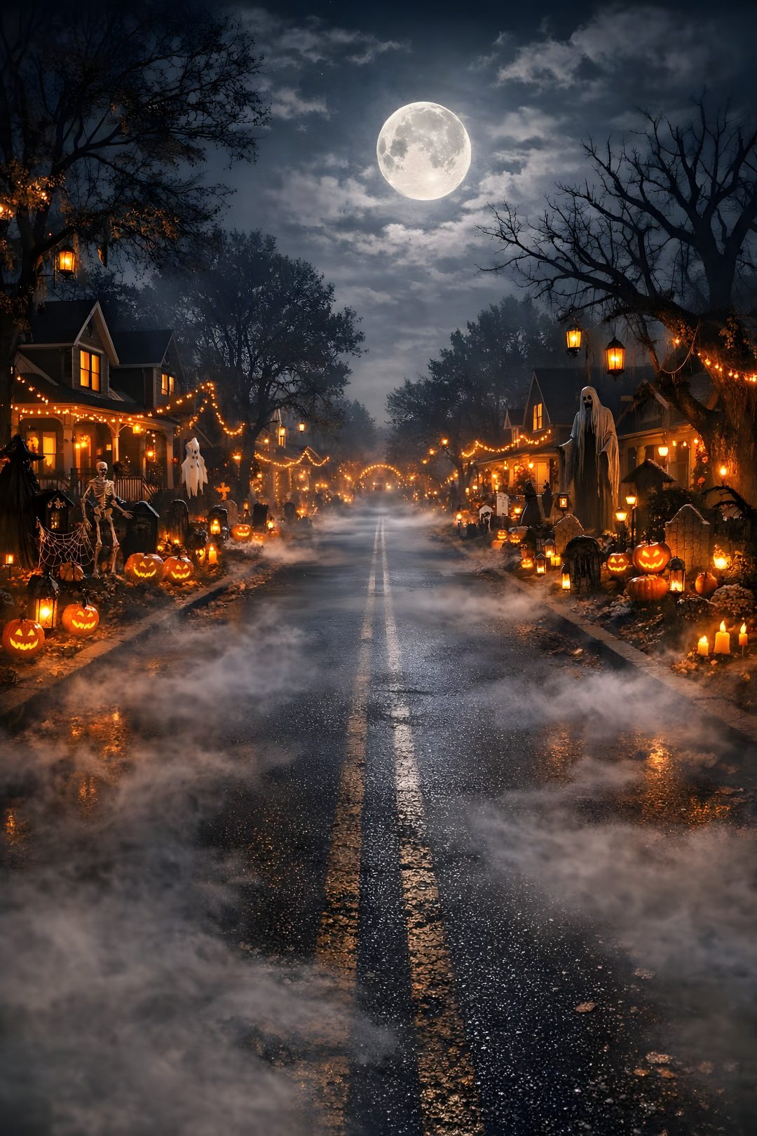 an empty street is decorated for halloween with pumpkins and ghost's on it Spooky Halloween Street dark slate gray