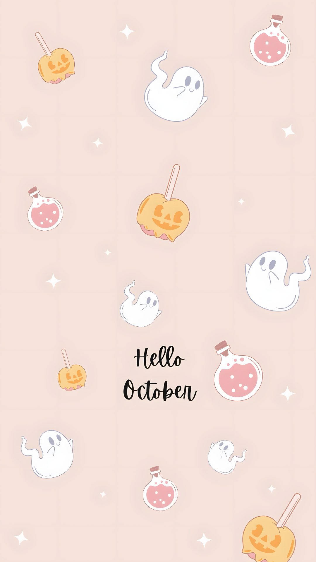 hello october wallpaper with ghost, pumpkins and other halloween related items on it Halloween Hello October antique white