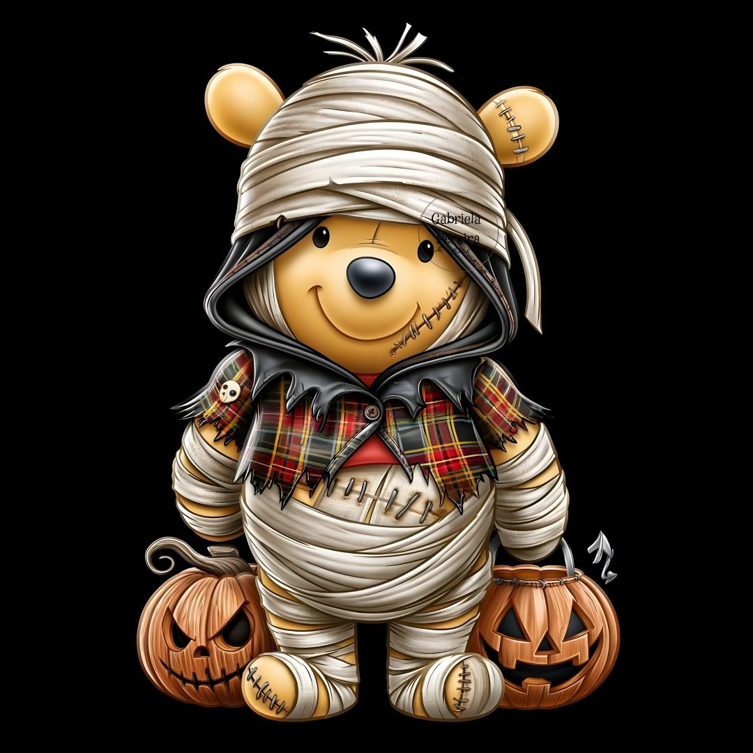 a teddy bear dressed as a scarecrow with pumpkins and jack - o'- lanterns Eeyore Halloween black