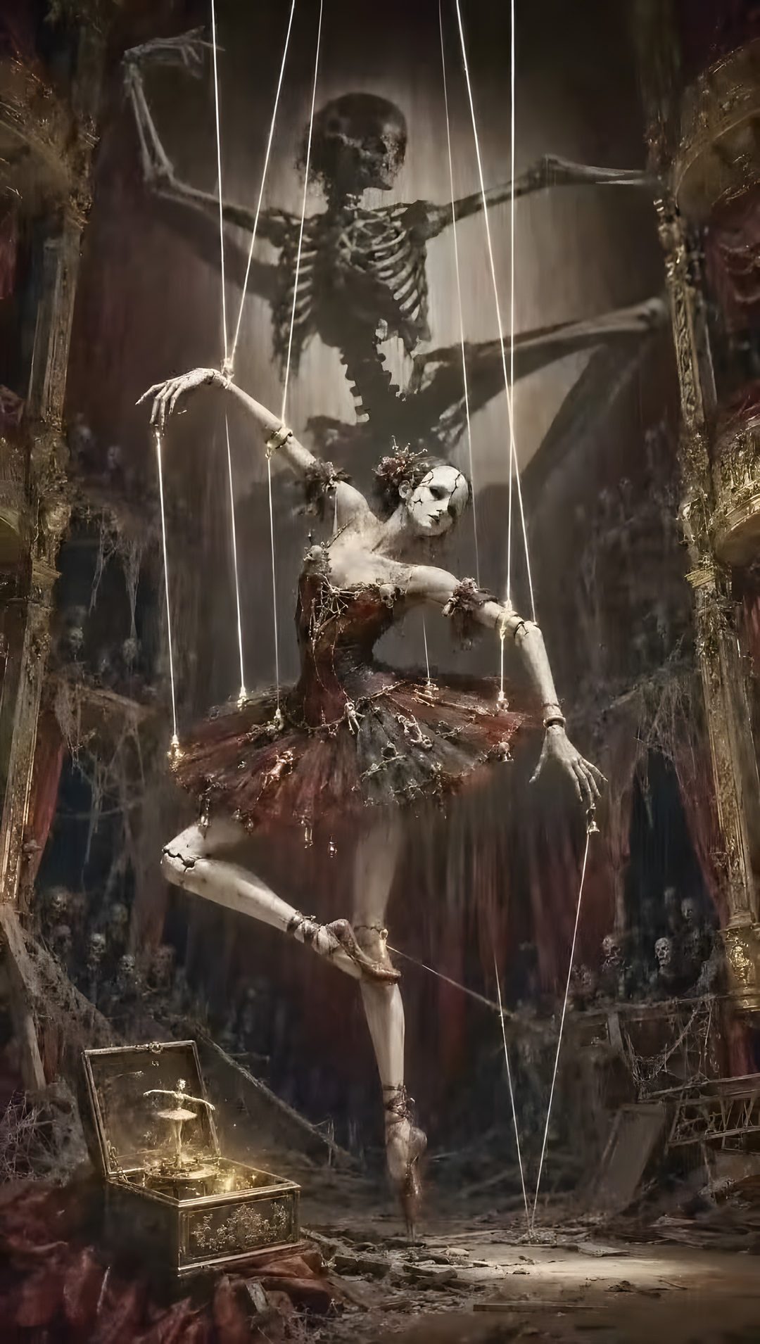 a ballerina is suspended by strings in front of a skeleton Halloween Ballerina dark slate gray