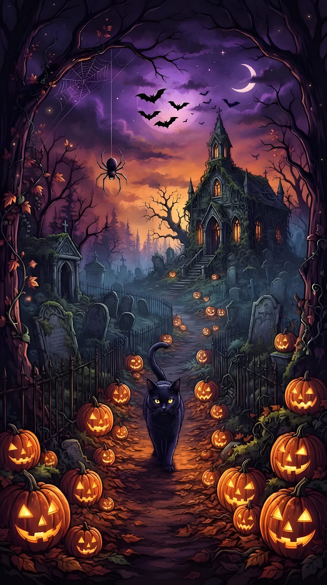 a black cat is walking down a path decorated with pumpkins and jack - o'- lanterns Halloween Fantasy dark slate gray