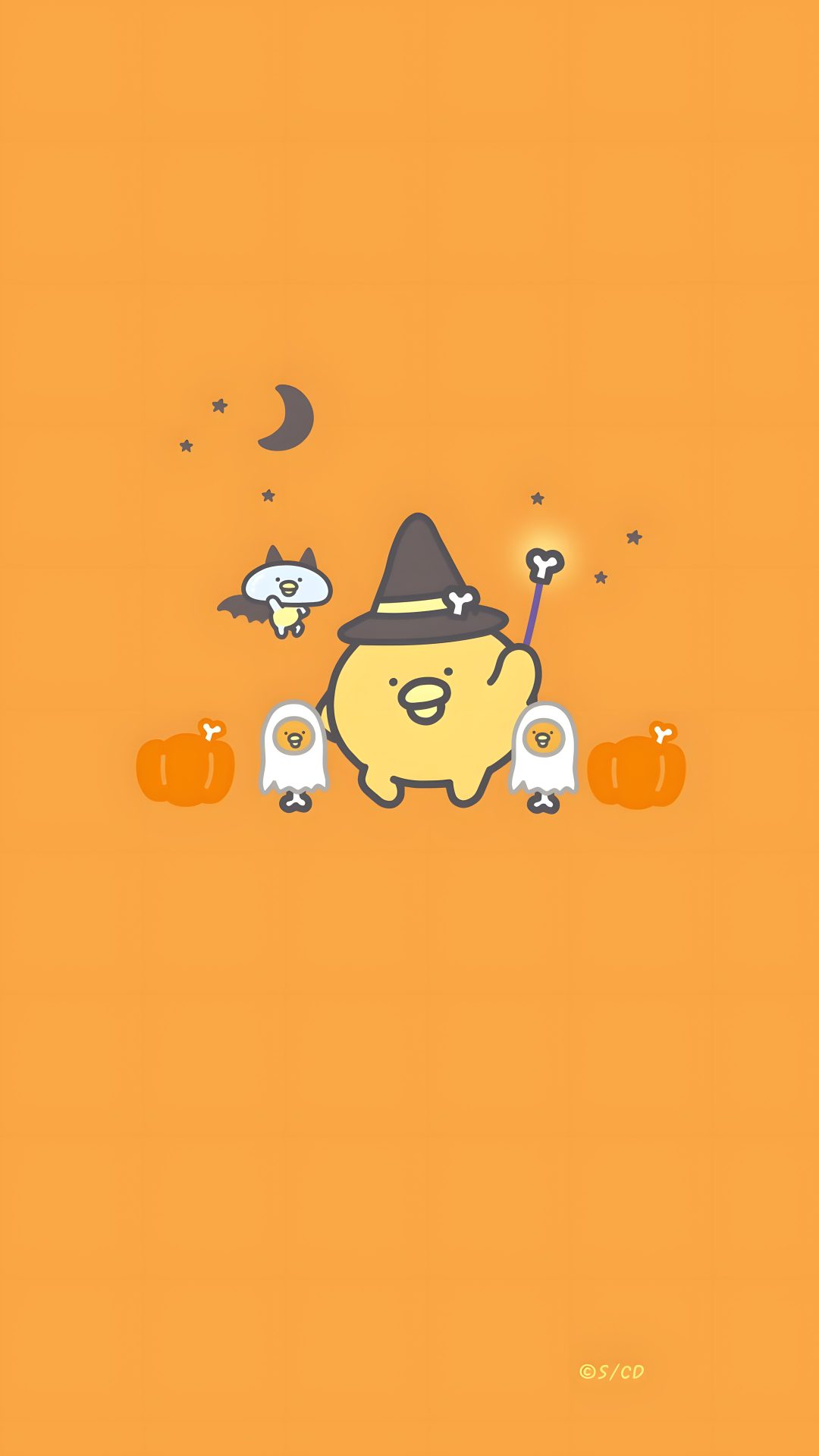 an orange background with some cartoon characters and pumpkins on the bottom right corner, one person holding a broom Gudetama Halloween Lisa Simpson, Snoopy, Fictional Characters, sandy brown