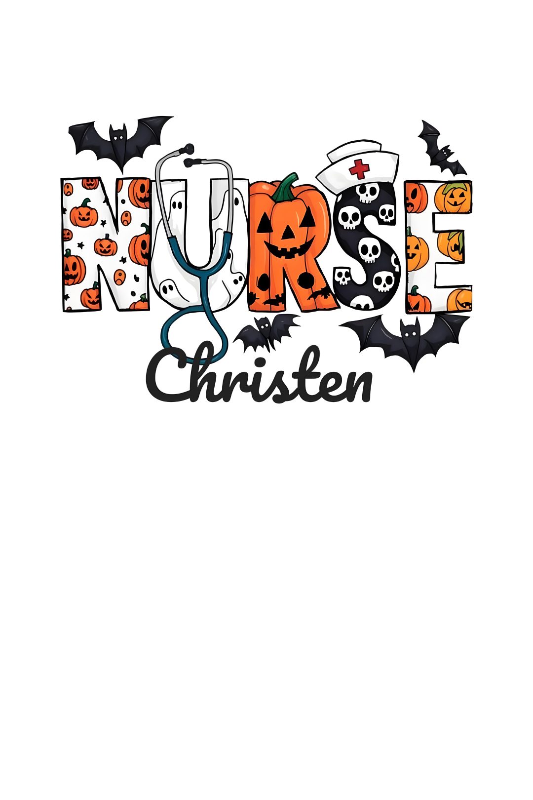 the word nurse written in halloween themed font with bats, pumpkins and bones on it Halloween Nurse white