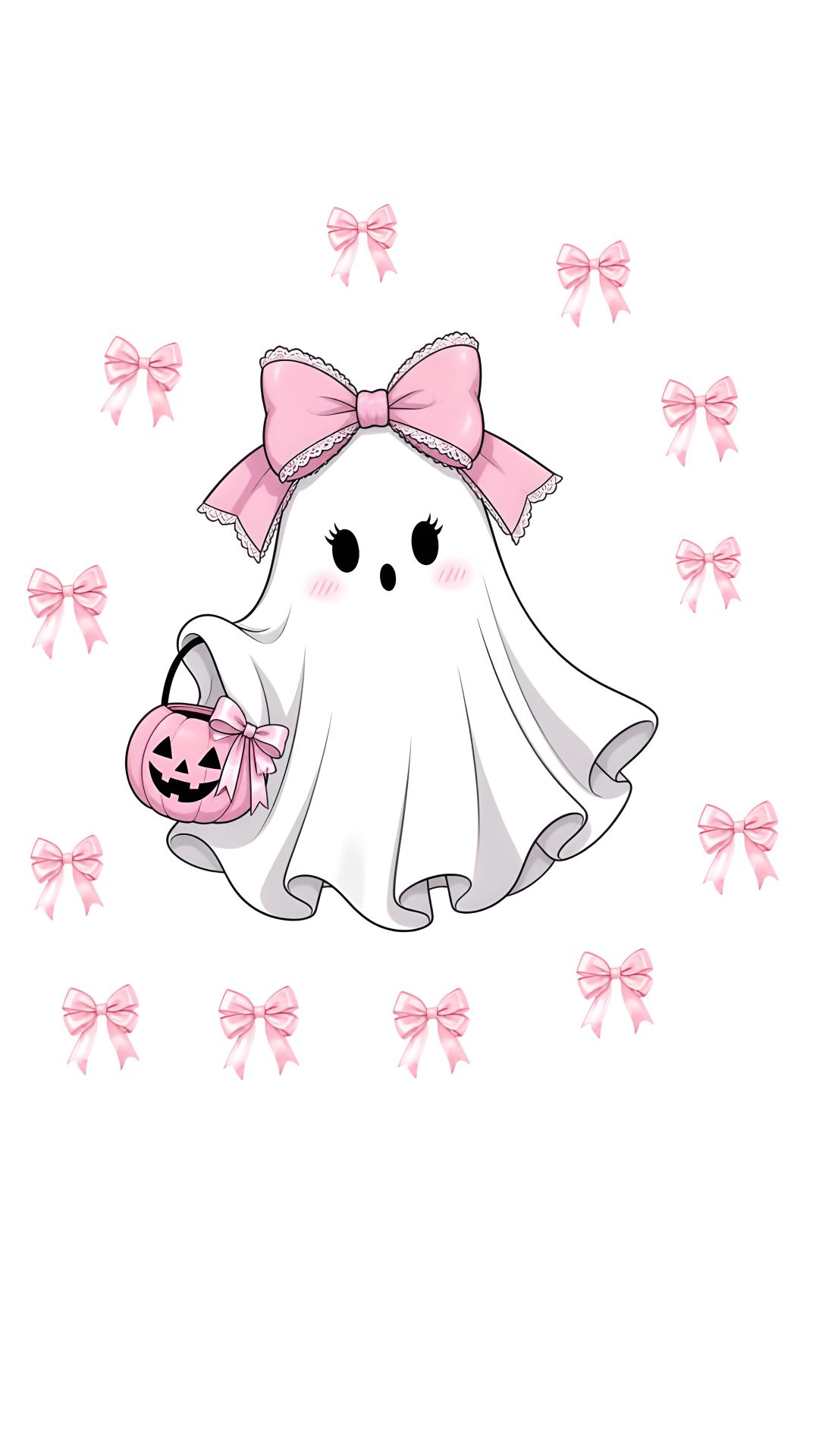 a white ghost with a pink bow holding a pumpkin in her hand and some bows around it Pink Bow Halloween white
