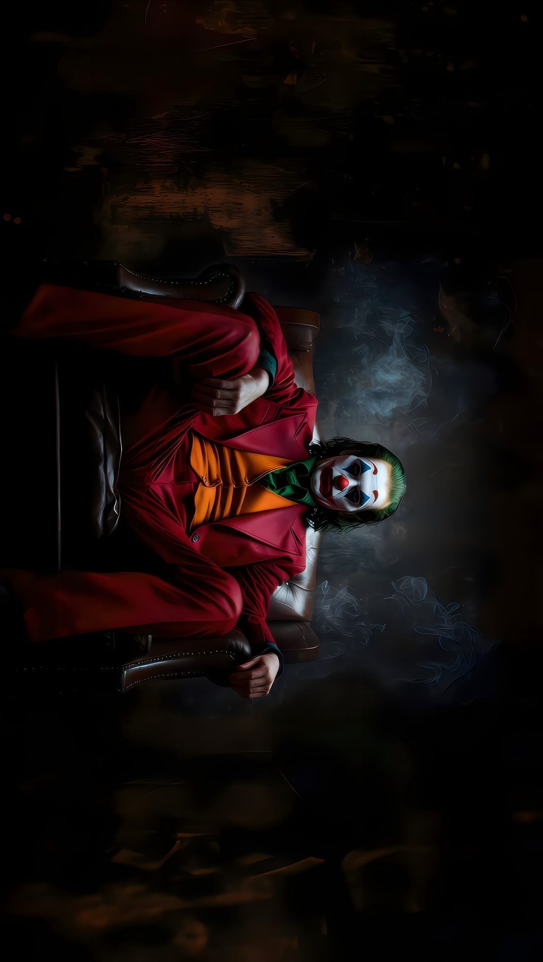a man in a red suit and clown makeup is holding a soccer ball while sitting on a chair Juvea Halloween 4k black