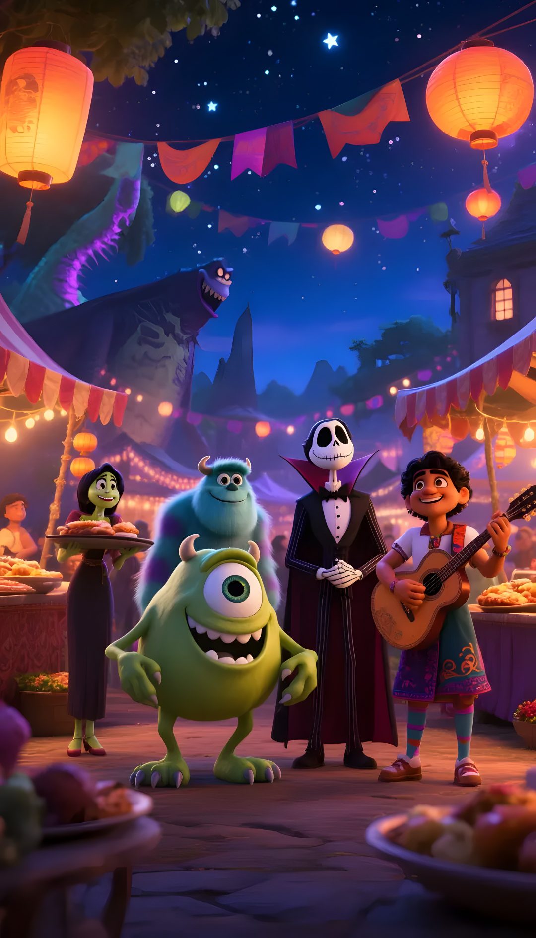 the monsters are playing guitar and singing in front of an outdoor party with lanterns hanging from the ceiling Pixar Halloween Pixar, Disney Pixar, Good Movies, Halloween, Pixar Characters, dark slate gray