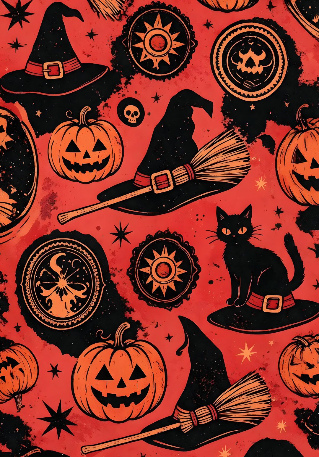 an orange and black halloween background with pumpkins, witches hats, and other items Retro Halloween Orange firebrick