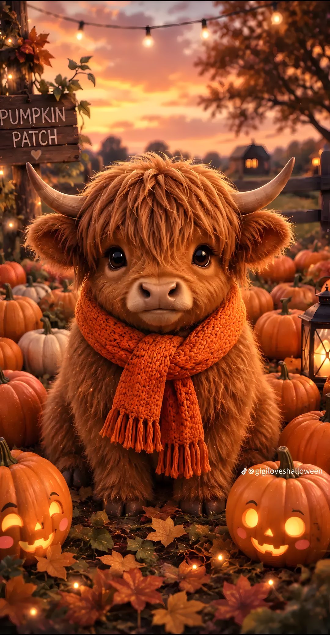 a painting of a cow wearing a scarf with pumpkins around it and a sign that says pumpkin patch Cow Halloween saddle brown
