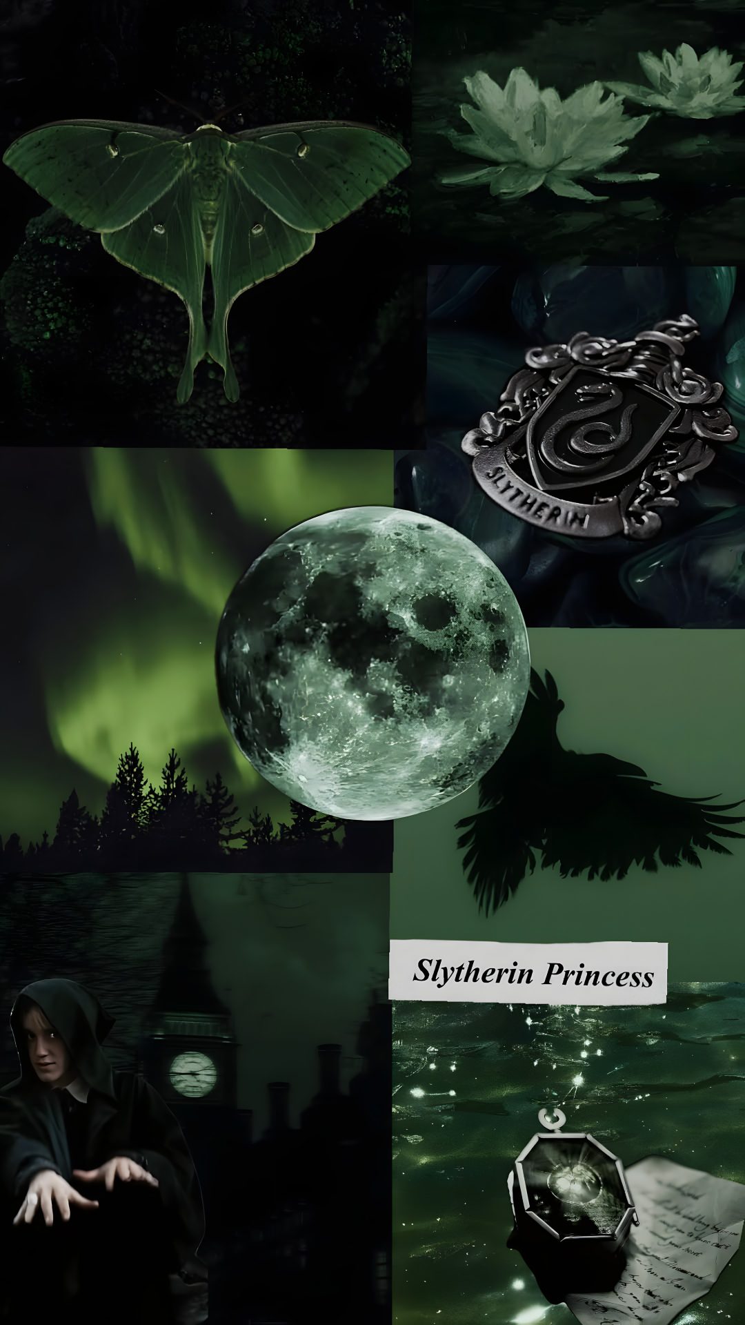 a collage of images with the words slytherian princess on them and an image of Slytherin Halloween black