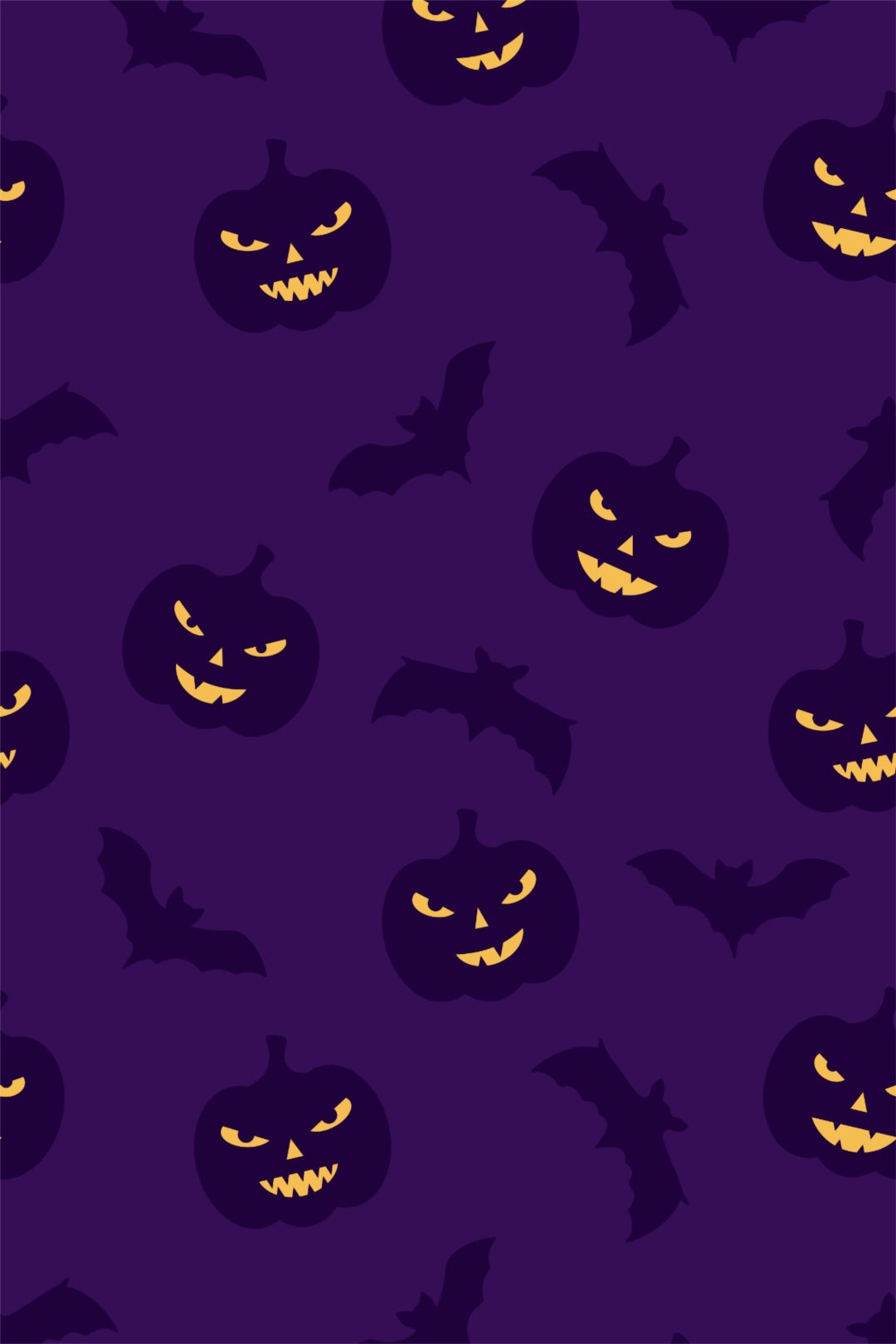 Dark purple Halloween pattern with spooky jack-o’-lantern pumpkins, glowing orange faces and flying bat silhouettes. Halloween Bats And Pumpkins - Lilac midnight blue