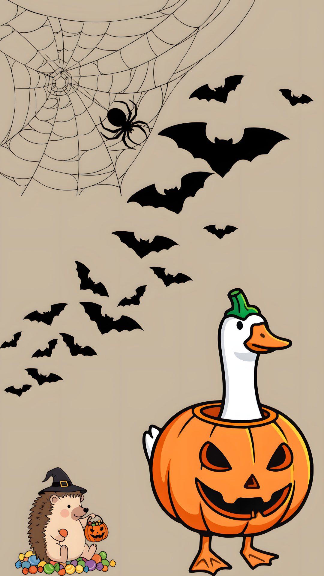 an image of a halloween scene with pumpkins, bats and a duck on it Halloween Bff Halloween, Pusheen, Cute Halloween, tan
