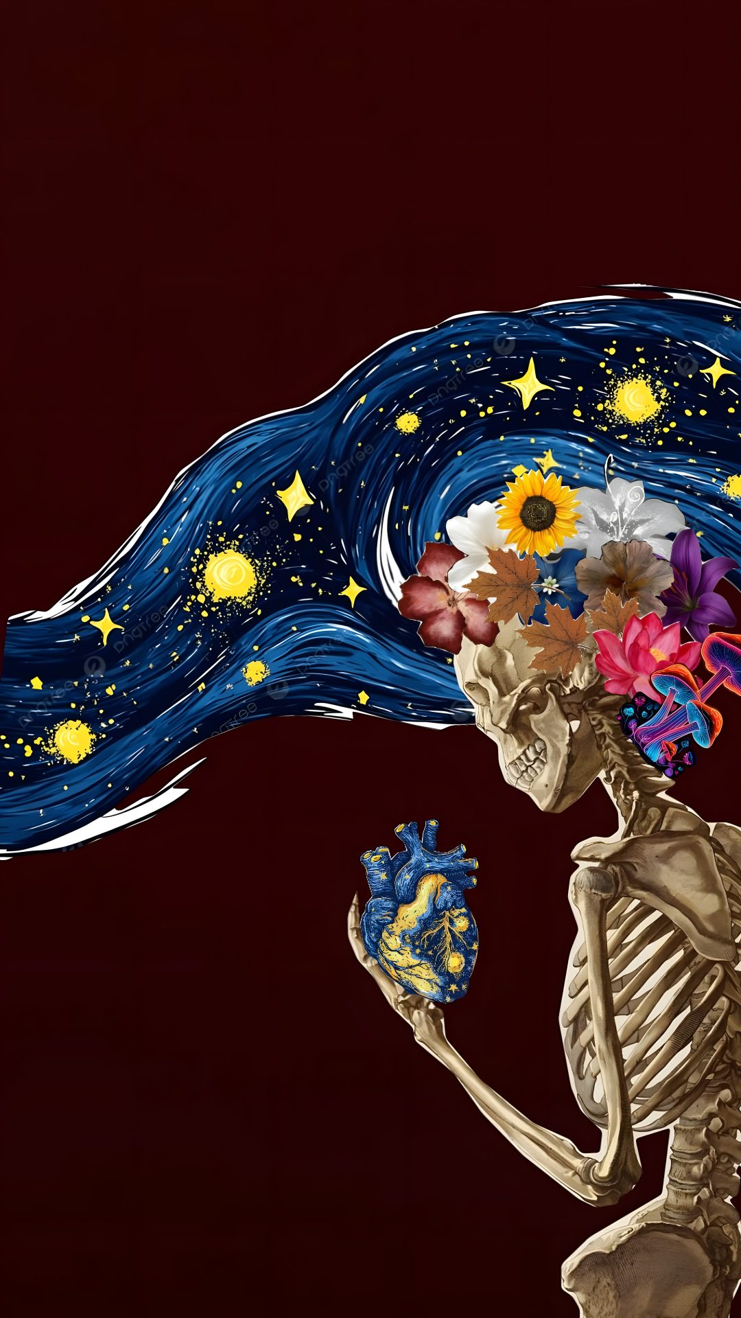 a skeleton holding flowers in its hand and looking at the sky with stars on it Halloween Van Gogh Skeleton black