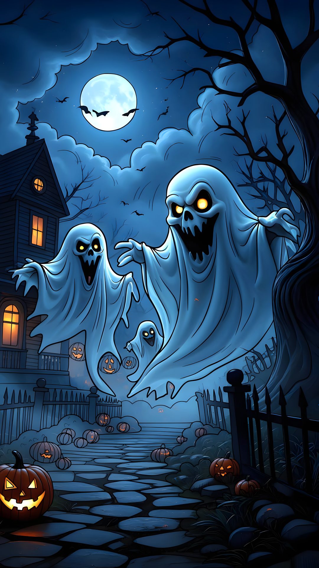 two ghostes in front of a house with pumpkins on the ground and a full moon behind them Spooky Halloween Pictures dark slate gray