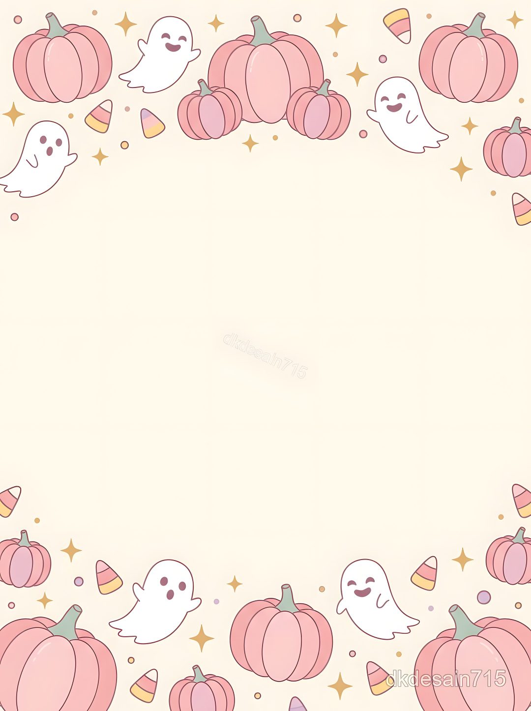 a white background with pink pumpkins and ghostes on the bottom, surrounded by stars Pastel Pastel Cute Pink Halloween old lace