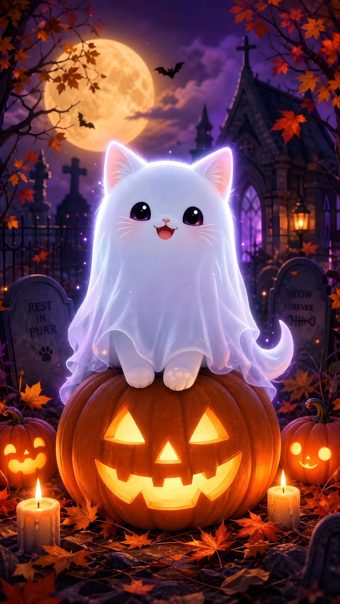a white cat sitting on top of a pumpkin in front of a cemetery with candles Halloween Kittens saddle brown