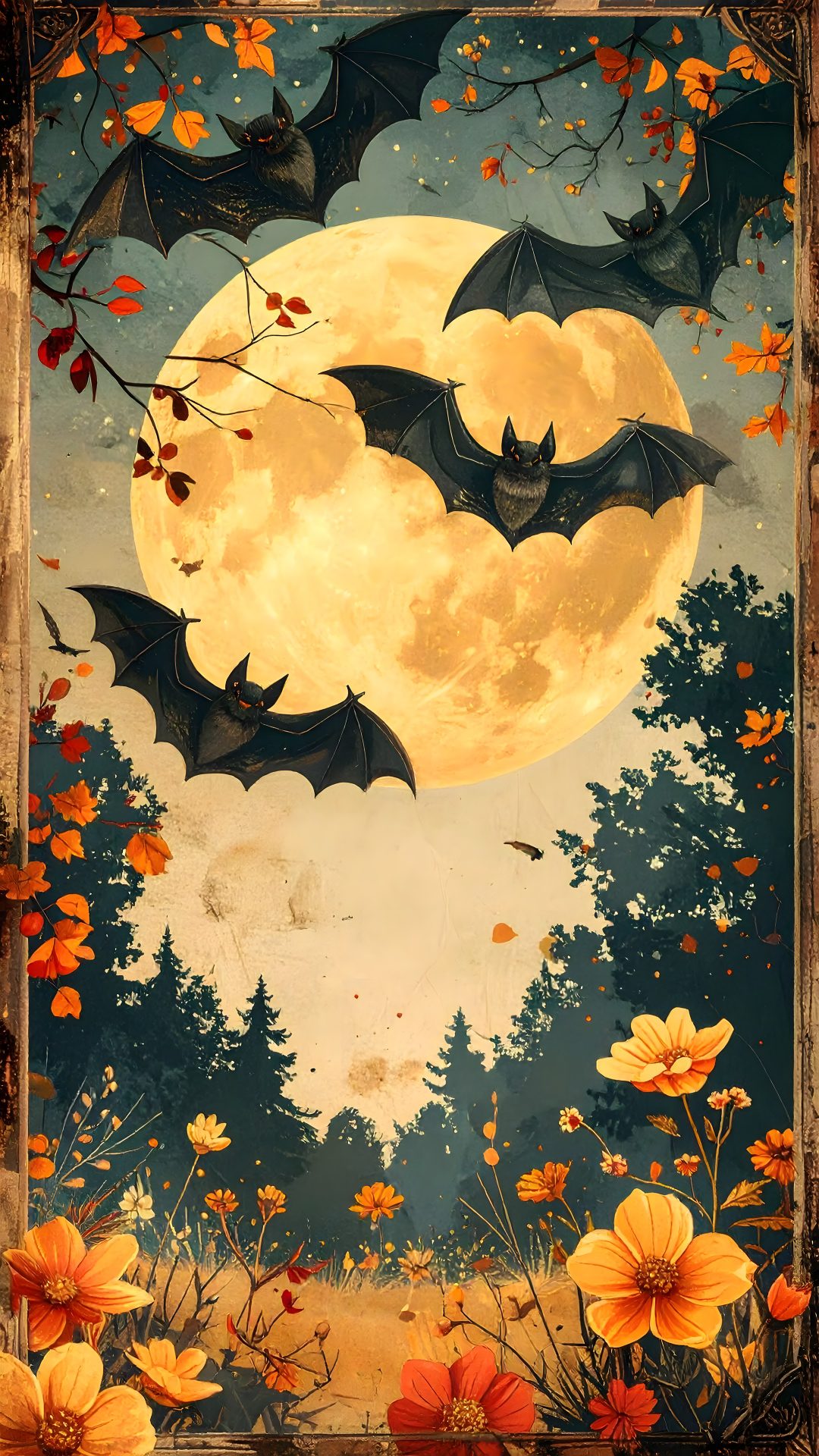 bats flying in front of a full moon with flowers on the ground and trees around Halloween Bats Moon sienna