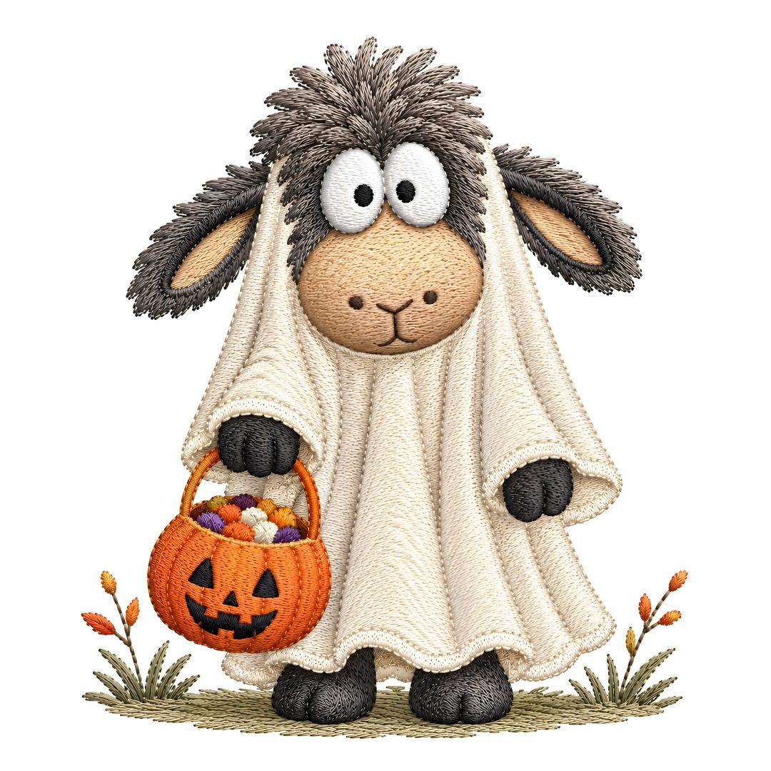 a sheep in a white robe holding a pumpkin basket Halloween Sheep white