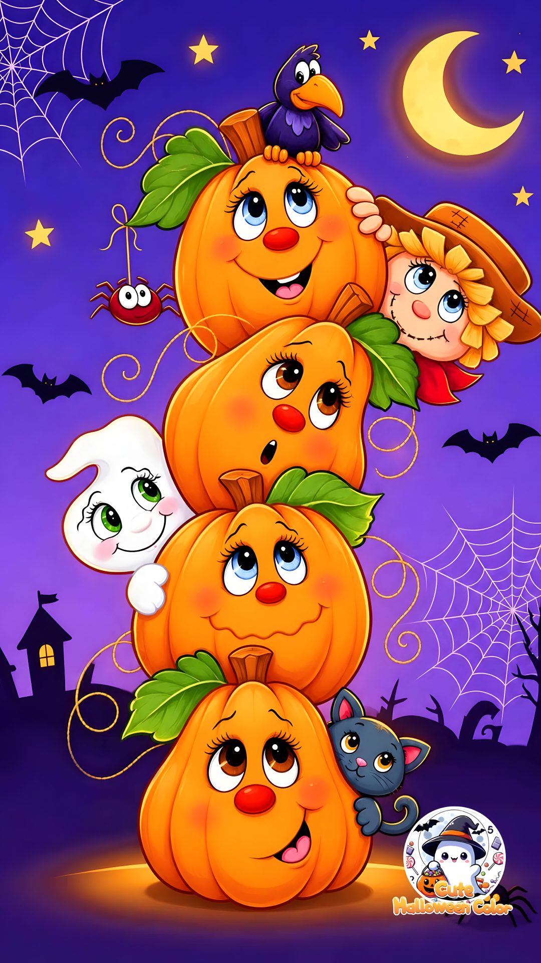 a group of pumpkins sitting on top of each other in front of a full moon Cartoon Halloween dim gray