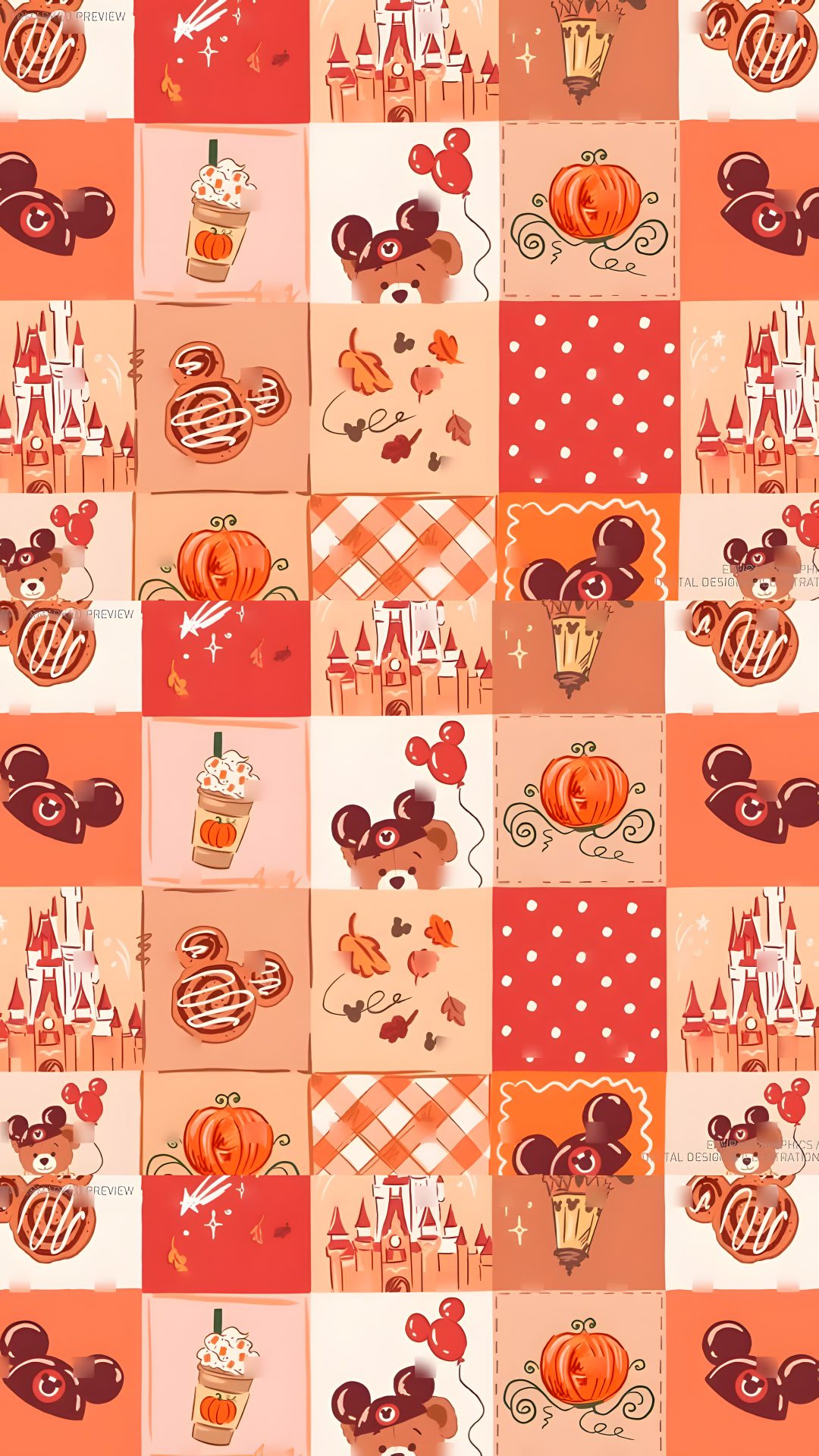 an orange and red checkered pattern with mickey mouses, pumpkins and other items Halloween Disney light salmon