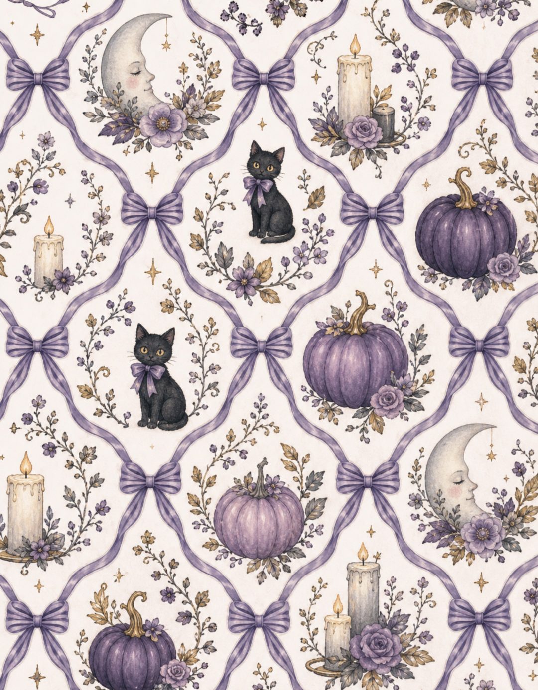 a purple and white wallpaper with pumpkins, candles, and cats on it Boho Halloween On Light Purple gainsboro