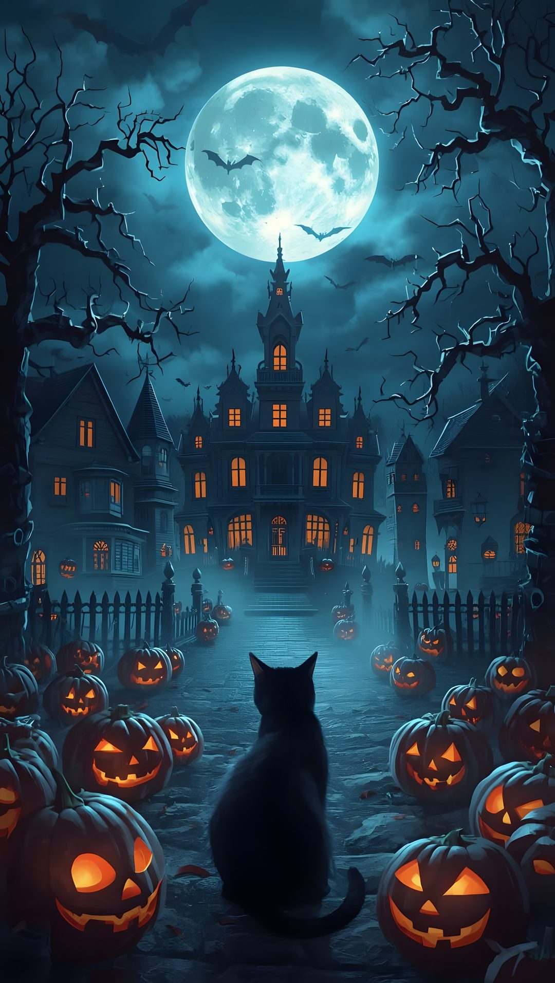 a black cat sitting in front of pumpkins at night Halloween Fantasy dark slate gray