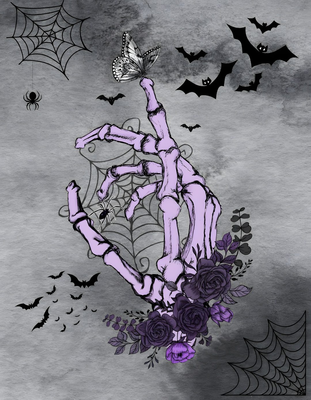 a drawing of a hand reaching for a spider with purple flowers and bats in the background Halloween Skeleton Hand Purple News Design, Design, gray