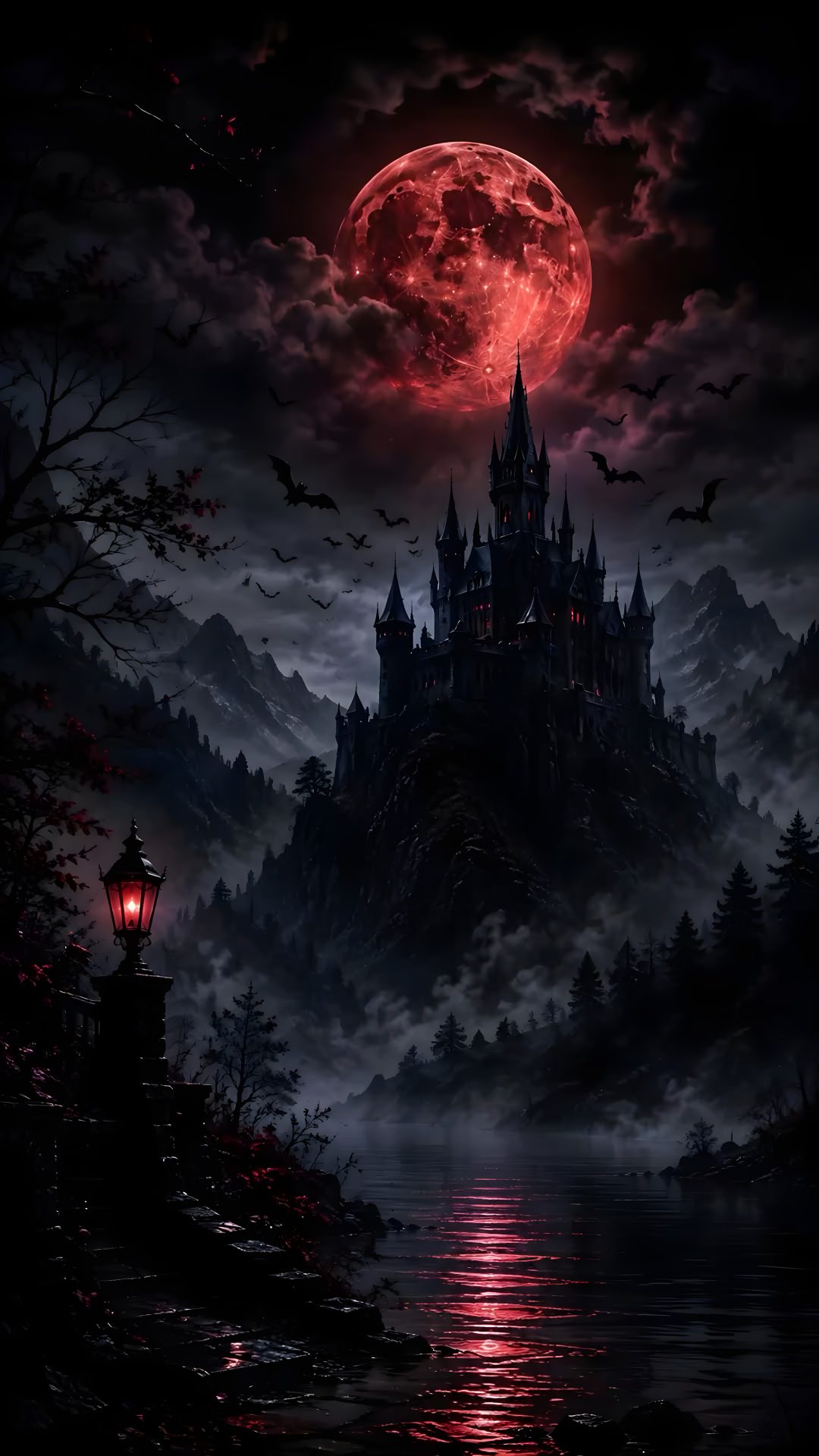 a castle in the night with bats flying over it Halloween Vampire black