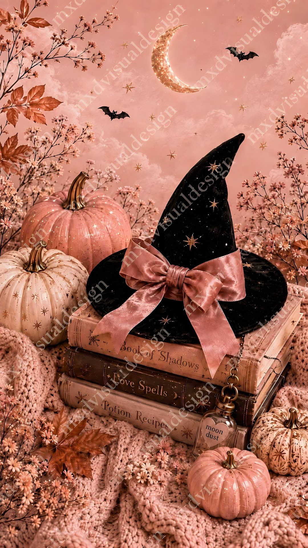 a painting of a witch's hat, books and pumpkins on a blanket Rose Gold Girly Cute Halloween indian red