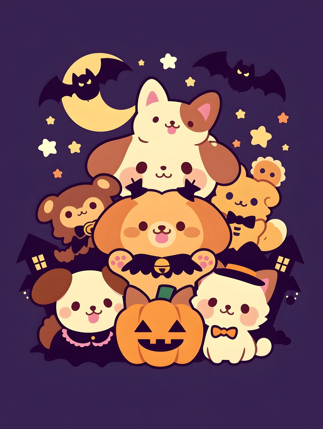 a group of cats and dogs with pumpkins Cute Halloween Dog Cartoon midnight blue