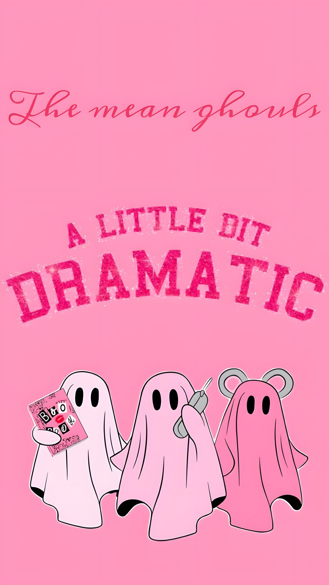 the mean ghost book cover for a little bit dramatic, with three ghosts in pink Cute Halloween Mean Girls light pink