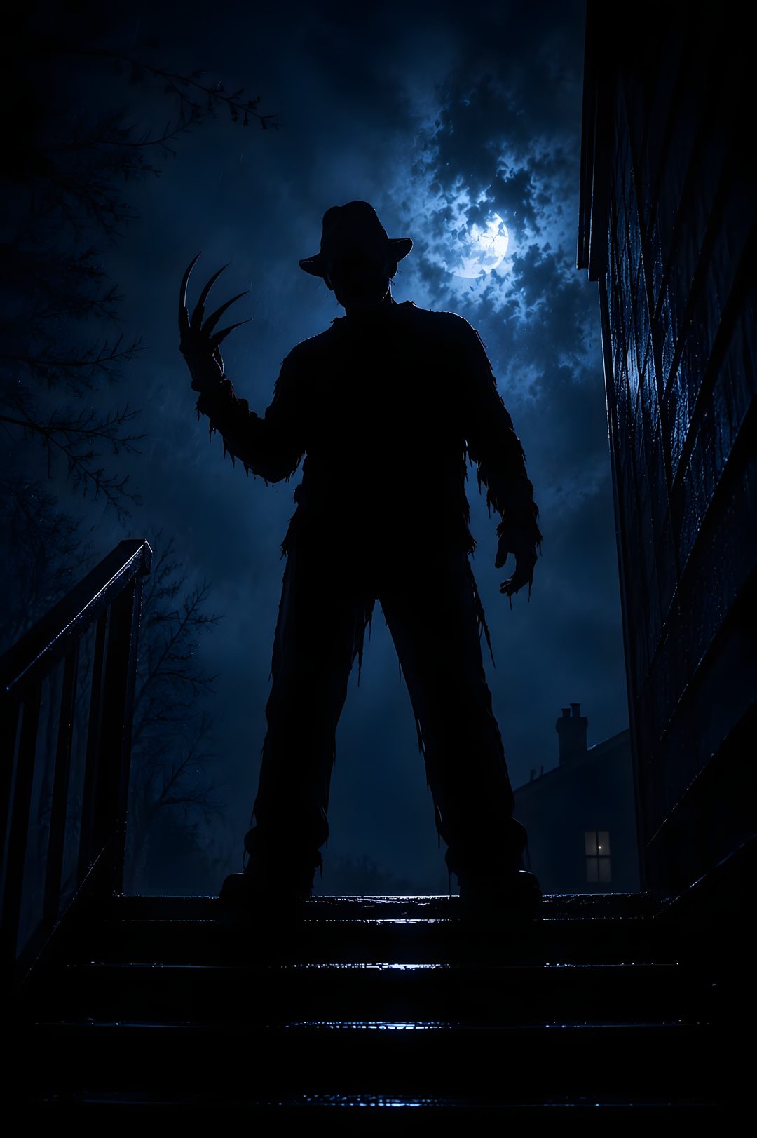 a man in costume standing on steps at night Halloween Freddy Kruger black
