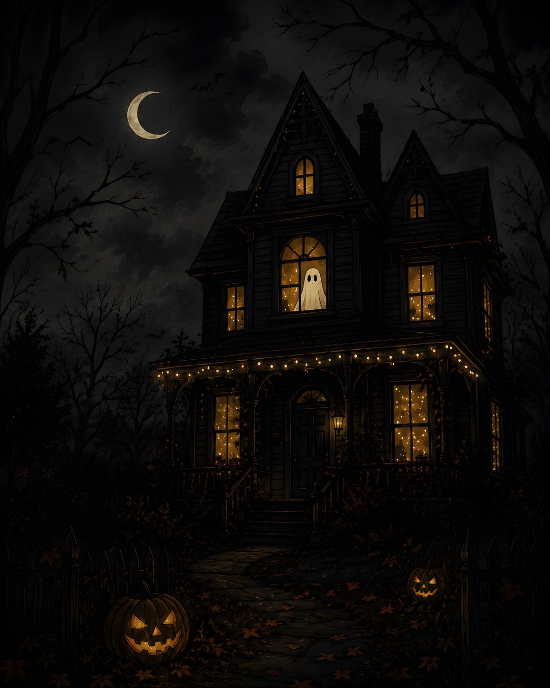 a creepy house with pumpkins in the yard and lights on it's windows Halloween House Ideas black