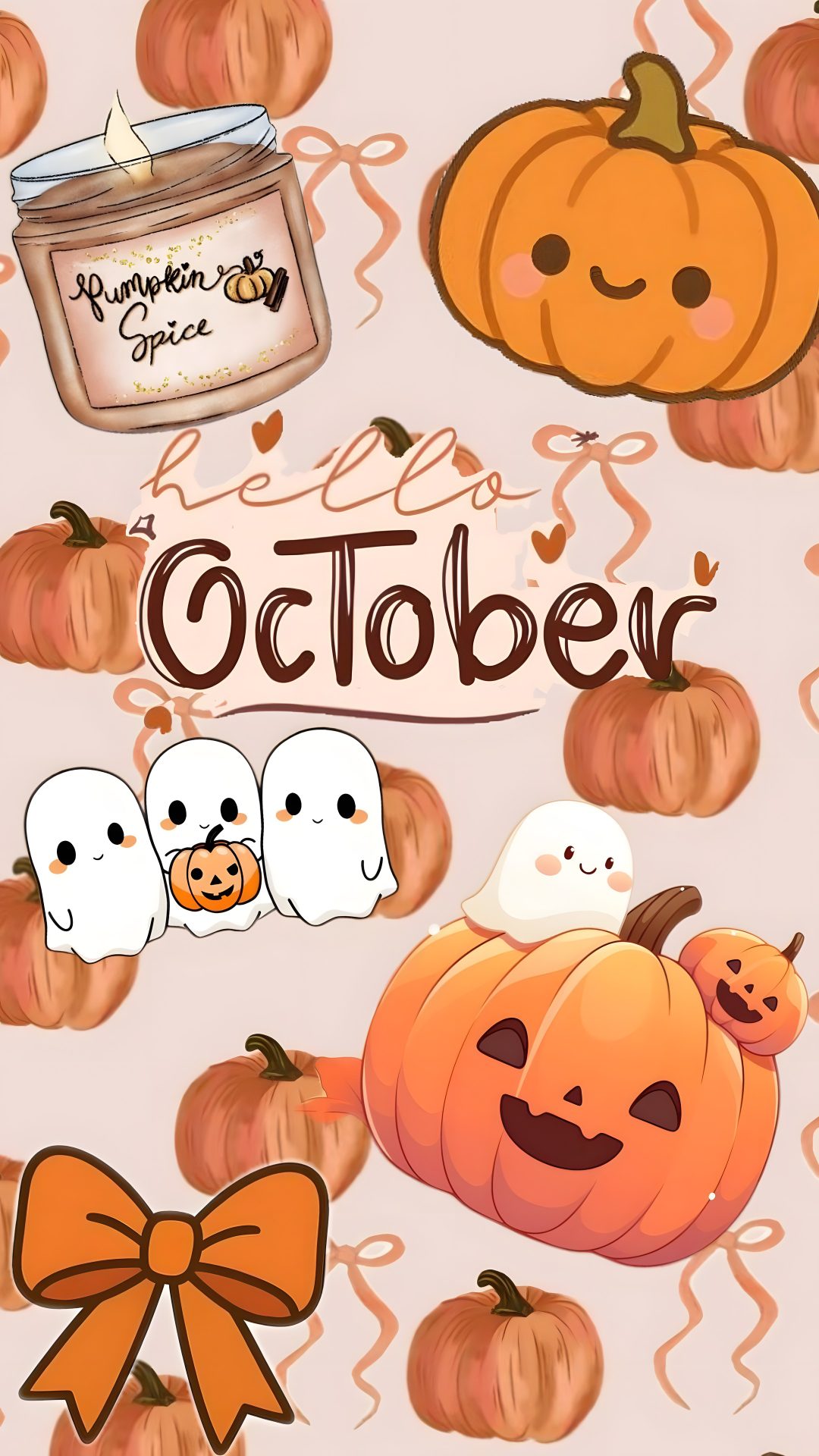 an image of a halloween themed background with pumpkins, ghost and other items on it October Preppy Halloween Halloween, Cute Halloween October, burlywood
