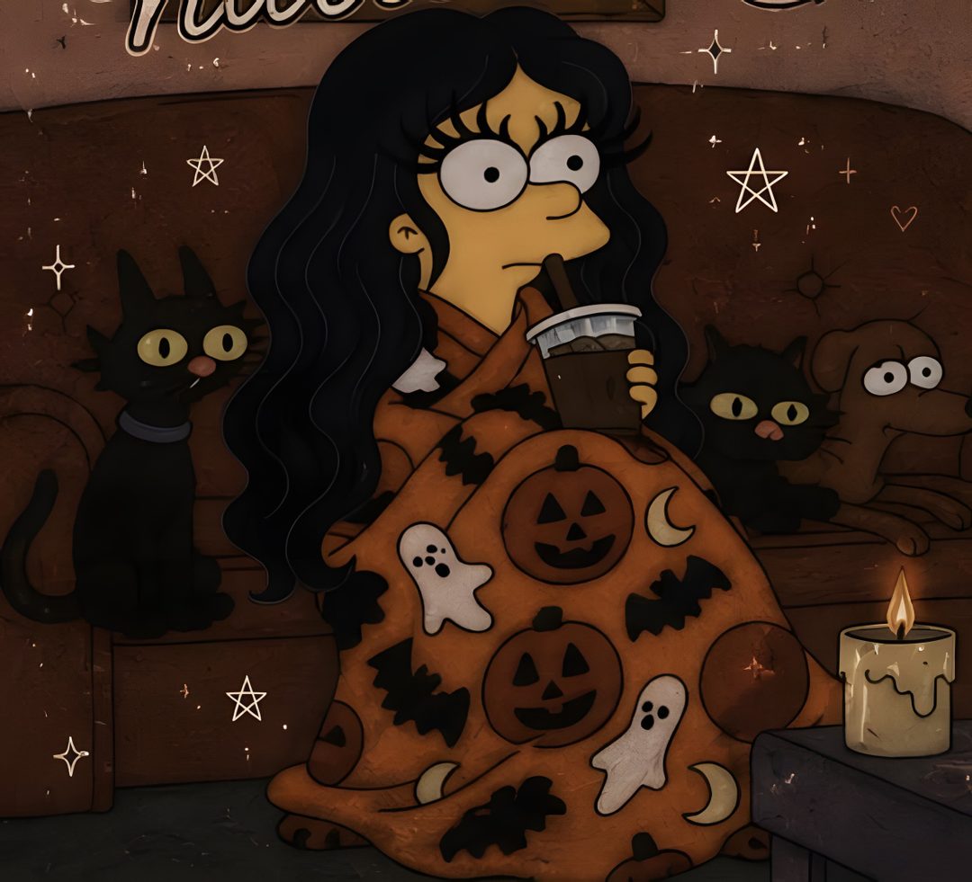 a woman sitting on a couch in front of a candle with cats around her and the caption that says happy halloween Halloween Girl Aesthetic black
