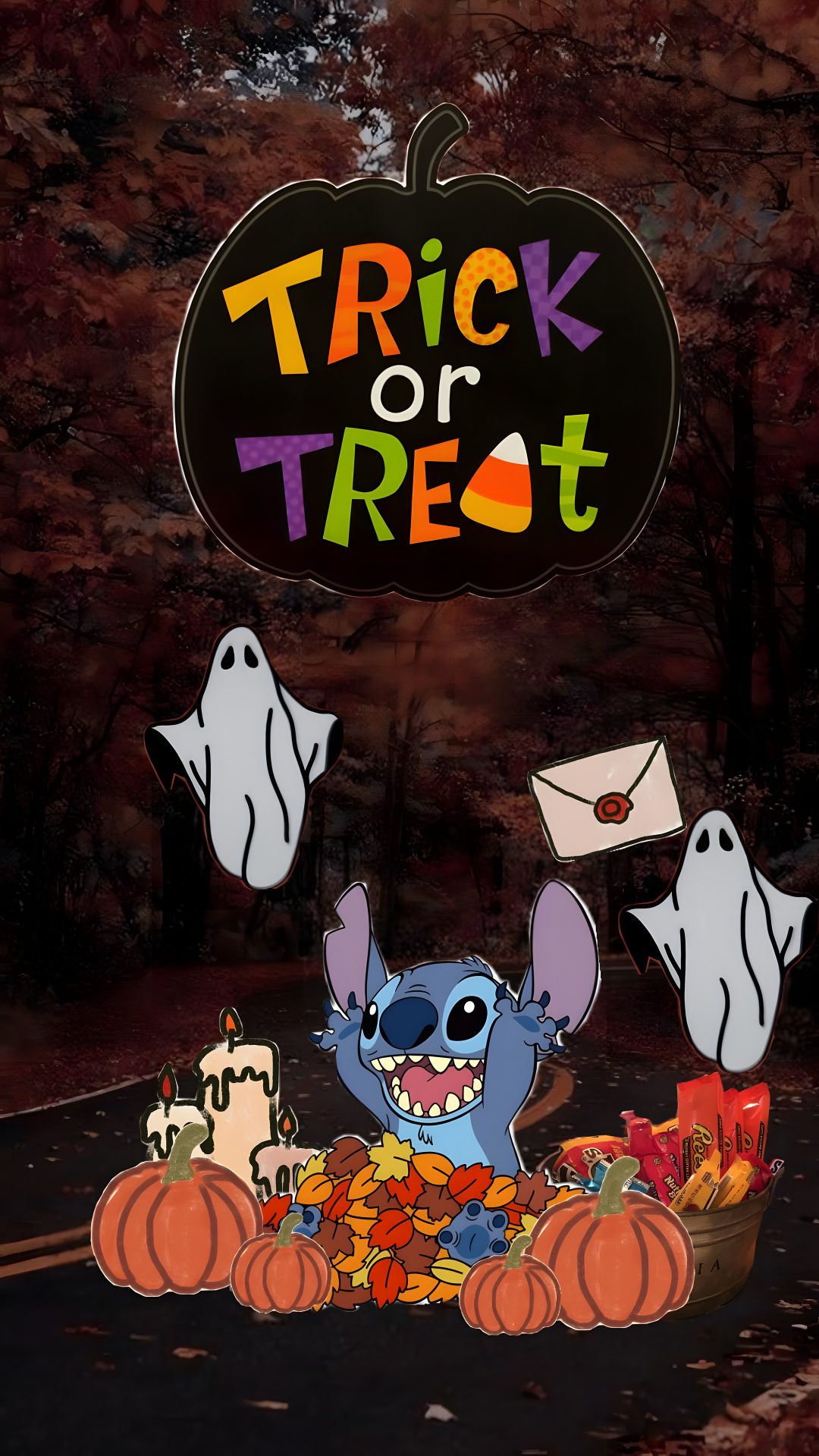 a trick or treat sign with cartoon characters and pumpkins on the ground in front of it Lock Screen Stitch Halloween black