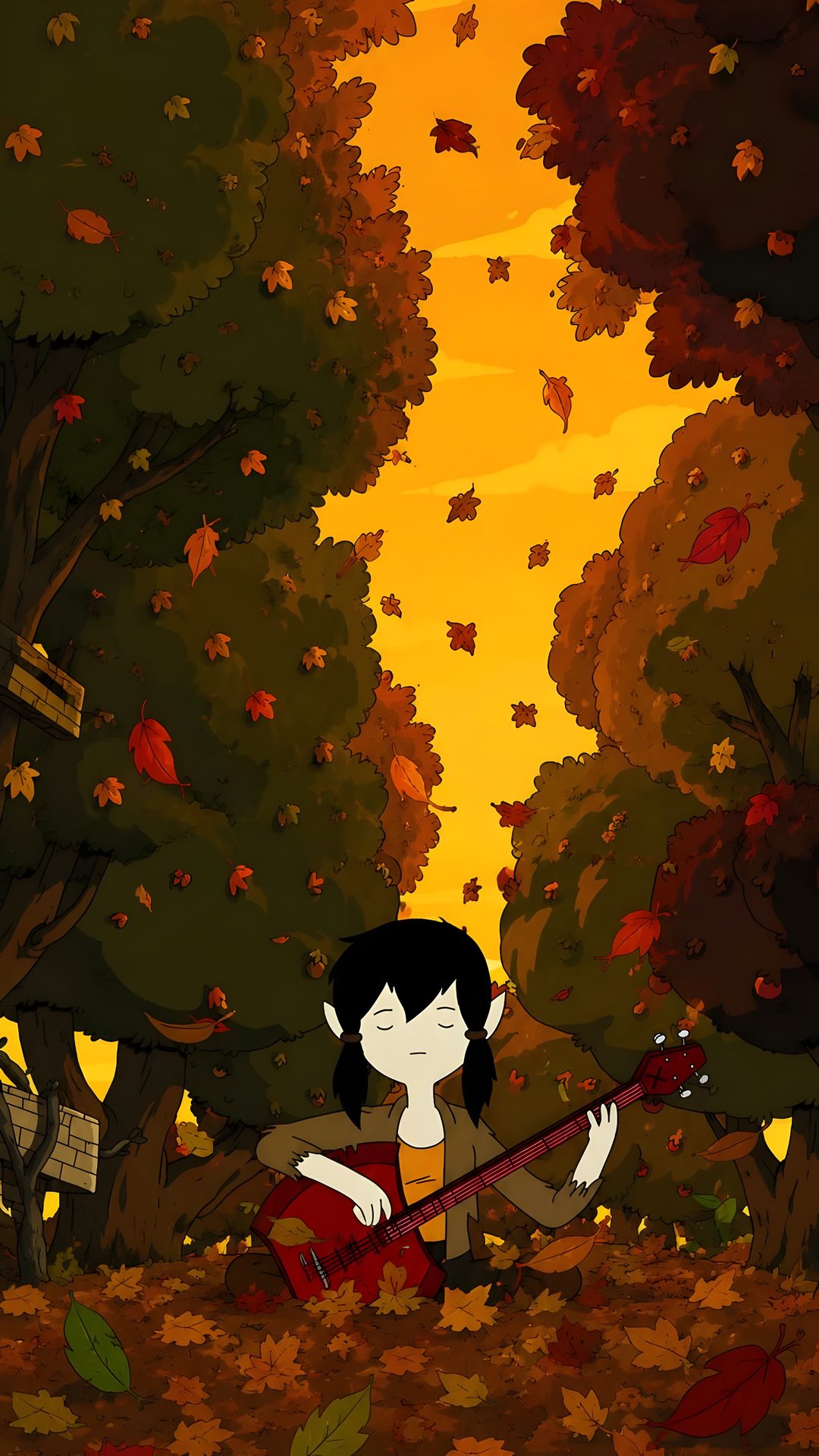 a woman sitting on the ground playing a guitar in front of trees with leaves all around her Halloween Adventure Time Adventure Time, maroon