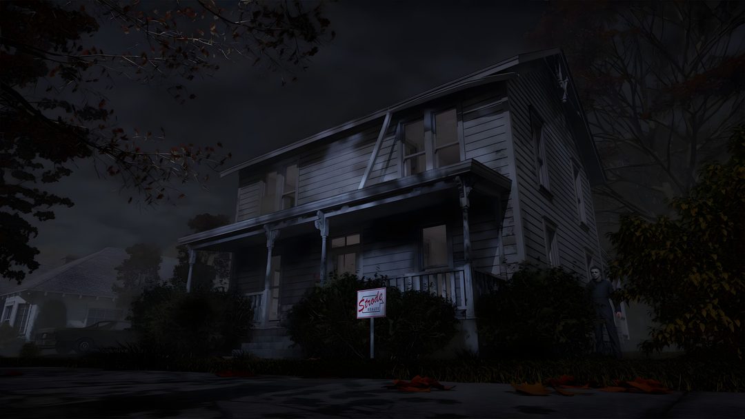 a creepy house with a ghost sign in front of it at night on a dark street Halloween The Game John Carpenter, Back In Time, Need To Know, Interview, Halloween, black